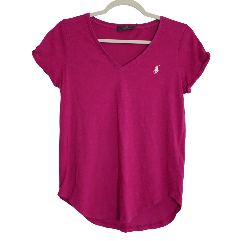 Polo Ralph Lauren Women's Small V-Neck T-Shirt Berry Pink Cotton Slub Pony Logo